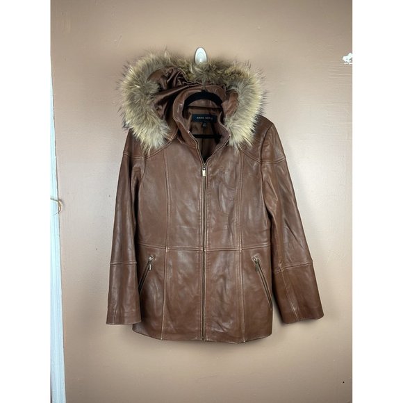 Anne klein Leather & raccoon fur trim hooded Jacket